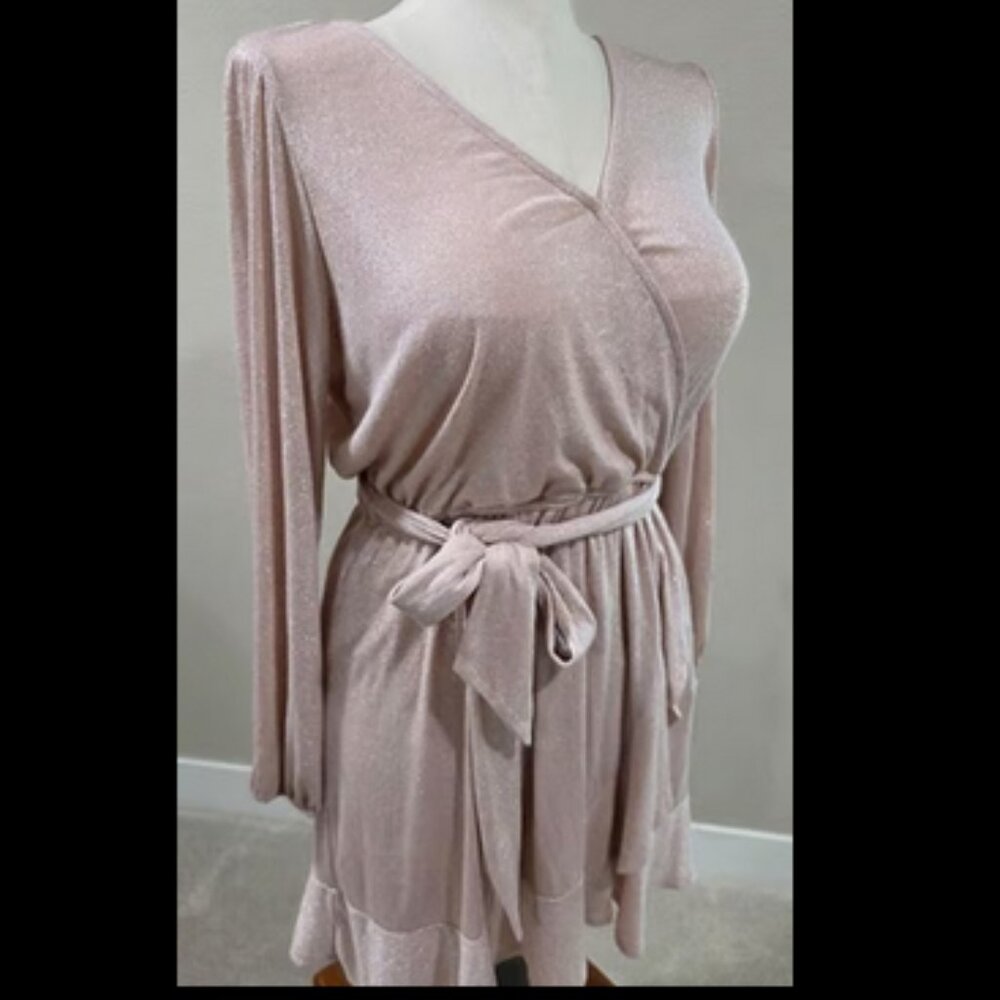 Lauren Conrad Shimmering Pink Long Sleeve Wrap Dress Ruffle Hem Womens L